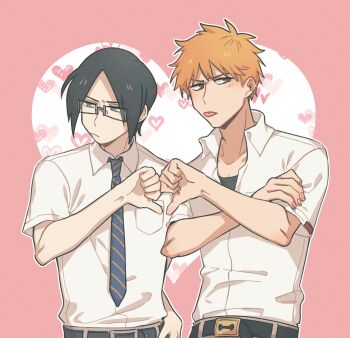 Rule 34 | 2boys, averting eyes, belt, black belt, black hair, black shirt, bleach, blue necktie, closed mouth, collared shirt, diagonal-striped clothes, diagonal-striped necktie, dwbidu, heart, heart hands, highres, ishida uryuu, karakura high school uniform, korean commentary, kurosaki ichigo, male focus, multiple boys, necktie, orange hair, parted bangs, pocket, rectangular eyewear, school uniform, semi-rimless eyewear, shirt, shirt tucked in, short hair, striped clothes, thumbs down, thumbs down heart hands, tongue, tongue out, upper body, white shirt