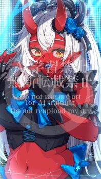 Rule 34 | 1girl, absurdres, akumi (yoclesh), alternate costume, blue flower, colored skin, commentary request, demon horns, flower, four-finger heart hands, hair flower, hair ornament, heart, heart hands, highres, horns, indie virtual youtuber, long hair, looking at viewer, navel, oni, open mouth, pointy ears, red skin, smile, solo, twintails, u da desu, very long hair, virtual youtuber, white hair, yellow eyes