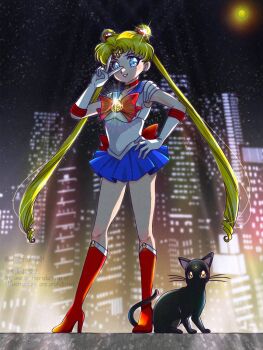 1girl bishoujo_senshi_sailor_moon blonde_hair blue_eyes blue_sailor_collar bow cat choker cityscape crescent crescent_earrings crescent_facial_mark double_bun earrings elbow_gloves facial_mark gloves hair_bun jewelry long_hair luna_(sailor_moon) night red_bow red_choker sailor_collar sailor_moon sailor_senshi sailor_senshi_uniform silverlight0101 solo tsukino_usagi twintails white_gloves