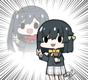 2girls :d absurdres black_hair black_jacket blurry bob_cut commentary emphasis_lines green_ribbon hair_ornament hair_ribbon highres holding holding_microphone jacket long_hair love_live! love_live!_nijigasaki_high_school_idol_club medium_hair microphone mifune_shioriko miniskirt multiple_girls neck_ribbon nijigasaki_school_uniform one_side_up oofushi_ao open_mouth plaid_clothes plaid_skirt pleated_skirt red_ribbon ribbon school_uniform signature skirt smile solid_oval_eyes standing triangle_hair_ornament v v-shaped_eyebrows white_skirt winter_uniform yellow_ribbon yuki_setsuna