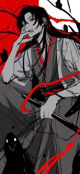 1boy absurdres ahoge bird black_hair black_hanfu branch chenqing_flute chinese_clothes chohato0717 closed_mouth coat crow dizi flute flute_tassel grey_coat hair_down hair_ribbon half_updo hand_on_own_face hand_up hanfu highres holding holding_flute holding_instrument instrument long_hair looking_at_viewer male_focus modao_zushi monochrome official_alternate_costume official_alternate_hairstyle open_clothes open_coat parted_bangs red_background red_eyes red_ribbon red_sash red_theme ribbon robe sash sitting sketch smile solo spot_color tassel transverse_flute tree wei_wuxian wei_wuxian_(yiling_laozu) wide_sleeves