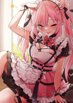 1girl ;p absurdres animal_ears antenna_hair apron arm_up bib_collar black_collar black_ribbon bow bowtie braid breasts character_name chest_harness cleavage cleavage_cutout clothing_cutout collar commentary day detached_collar dress extra_ears framed_breasts frilled_apron frilled_dress frilled_shirt_collar frills hair_ribbon hakui_koyori hakui_koyori_(dark_maid) half_up_braid harness heart heart_o-ring highres hololive indoors large_breasts layered_dress long_hair looking_at_viewer maid_headdress matcha_amigo o-ring o-ring_harness o-ring_thigh_strap official_alternate_costume official_alternate_hairstyle one_eye_closed pink_bow pink_bowtie pink_dress pink_hair purple_eyes ribbon short_dress short_sleeves sitting solo tail thigh_strap tongue tongue_out twintails virtual_youtuber waist_apron white_apron wolf_ears wolf_girl wolf_tail