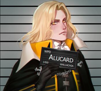 1boy almond_aulait alucard_(castlevania) barbie_mugshot_(meme) black_cloak black_gloves black_jacket blonde_hair castlevania:_symphony_of_the_night castlevania_(series) character_name cloak closed_mouth collared_shirt derivative_work gloves highres jacket long_hair looking_at_viewer male_focus meme mugshot neck_ribbon parted_bangs ribbon shirt solo upper_body white_ribbon white_shirt yellow_eyes