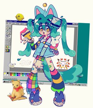 !-shaped_pupils 1girl aim_(messenger) animal_ears aqua_hair bandaid cat_ears cat_girl cat_tail charm_(object) commentary desktop_(computing) english_commentary full_body gen_1_pokemon highres holding holding_paintbrush jaltoid leg_warmers long_hair looking_at_viewer microsoft_paint_(software) microsoft_windows nail_polish nintendo original overalls paintbrush pikachu pokemon pokemon_rgby solo standing stuffed_animal stuffed_toy symbol-shaped_pupils tail tamagotchi tamagotchi_(classic) tamagotchi_(virtual_pet) taskbar twintails virtual_pet_(toy) window_(computing) windows_95 windows_classic wings yellow_eyes