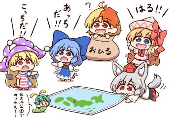 6+girls ? ahoge american_flag american_flag_dress american_flag_print animal_ears animalization aqua_hair blonde_hair blue_bow blue_dress blue_eyes blue_hair blush_stickers bow bowtie capelet chibi chibi_only cirno clownpiece commentary_request detached_wings dress eternity_larva fairy fairy_wings flag_print grey_hair hair_bow hat hat_bow highres ice ice_wings in_container in_sack inubashiri_momiji jester_cap leaf leaf_on_head lily_white long_hair map multicolored_hair multiple_girls neck_ruff niwatari_kutaka open_mouth orange_eyes pinafore_dress pink_capelet pink_dress pink_hat pointing polka_dot polka_dot_headwear purple_hat red_bow red_bowtie red_eyes red_hair ribbon-trimmed_sleeves ribbon_trim sack shitacemayo sleeveless sleeveless_dress smile speech_bubble striped_clothes striped_dress tail tokin_hat touhou translation_request two-tone_hair very_long_hair wings wolf_ears wolf_girl wolf_tail worm