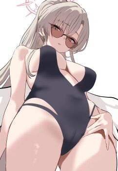 1girl absurdres bare_shoulders black_one-piece_swimsuit blue_archive breasts cameltoe cleavage closed_mouth earrings halo highres jewelry large_breasts long_hair looking_at_viewer nagisa_(blue_archive) nagisa_(swimsuit)_(blue_archive) official_alternate_costume one-piece_swimsuit ponytail red_halo shigure_s sidelocks simple_background sunglasses swimsuit tinted_eyewear variant_set white_background white_wings wings yellow_eyes