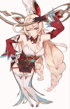 1girl alice_(genshin_impact) bare_shoulders black_gloves blonde_hair breasts cleavage clover_print commentary cowlick detached_sleeves dress elowhyra english_commentary foreshortening genshin_impact gloves hat heart-shaped_gem highres legs long_hair looking_at_viewer one_eye_closed orange_eyes pointy_ears red_dress red_sleeves side_ahoge smile solo very_long_hair witch_hat