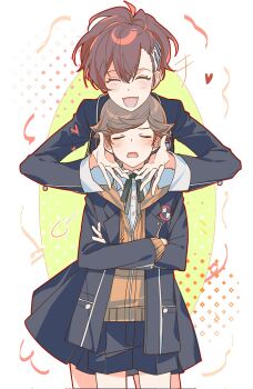 +++ 1boy 1girl ^_^ age_difference amada_ken black_jacket black_shorts black_skirt blush brown_hair closed_eyes commentary_request crossed_arms eca_leaf gekkoukan_high_school_uniform hair_ornament hairclip heart hetero highres hood hoodie jacket long_sleeves onee-shota open_mouth orange_hoodie persona persona_3 persona_3_portable ponytail puff_of_air school_uniform shiomi_kotone shirt shorts simple_background skirt white_shirt