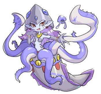 bracelet calamaramon digimon digimon_(creature) digimon_frontier earrings fang highres jewelry long_hair monster_girl nintendo purple_hair red_eyes splatoon_(series) squid squid_girl tentacles yagikiki