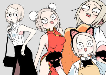 Rule 34 | 1girl, abe tomomi, animal hands, apron, black ribbon, black skirt, blush, breasts, china dress, chinese clothes, double bun, dress, grey background, grey hair, hair bun, hair ornament, hairpin, highres, neck ribbon, original, pantyhose, ribbon, shirt, short hair, simple background, skirt, white shirt