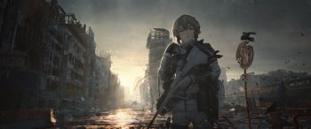 Rule 34 | 1girl, absurdres, amane suzuha, amane suzuha (beta), assault rifle, belt, bench, bird, brown hair, building, bullpup, city, cityscape, crow, cuts, flock, gloves, goggles, goggles around neck, green eyes, gun, highres, injury, jacket, looking ahead, outdoors, parted lips, post-apocalypse, pouch, rifle, road sign, roadblock, ruins, school crossing sign, science adventure, sennikilo, sign, solo, steins;gate, steyr aug, trigger discipline, utility belt, weapon, white gloves, white jacket, wide shot