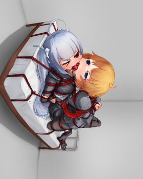 &gt;_o 2girls absurdres ahoge arms_behind_back assault_lily ball_gag bdsm bed black_pantyhose black_skirt black_thighhighs blue_eyes blunt_bangs bondage bound bound_ankles bound_arms bound_legs bound_toes bound_together bow brown_hair cheek-to-cheek cheek_press commentary_request cropped_jacket crying crying_with_eyes_open detached_sleeves dildo double_dildo double_strap_ball_gag dutch_angle empty_eyes feet_up female_focus fisheye forced_partners futagawa_fumi gag gagged girl_on_top grey_hair hair_bow half-closed_eyes heads_together high-waist_skirt highres hood hood_down indoors juliet_sleeves linked_gag long_hair long_sleeves looking_ahead looking_at_another lying lying_on_person miniskirt miriam_hildegard_von_gropius multiple_girls no_shoes on_back on_bed on_stomach one_eye_closed pantyhose pink_eyes pleated_skirt puffy_sleeves restrained rope school_uniform sex_toy shared_gag shared_object_insertion shibari shibari_over_clothes shirt short_sleeves skirt tasogare_unagi tearing_up tears thighhighs twintails underbust v-shaped_eyebrows very_long_hair white_bow white_shirt x-ray yuri yurigaoka_girls_academy_school_uniform
