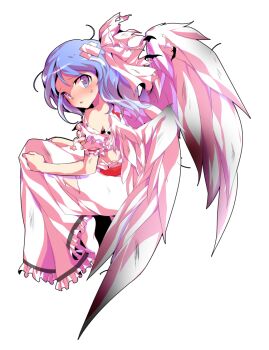 Rule 34 | 1girl, alphes (style), bare arms, blue hair, blush, commentary request, dairi, defeat, dress, feathered wings, feathers, frilled dress, frills, full body, hair ribbon, large variant set, mai (touhou), medium hair, parody, puffy short sleeves, puffy sleeves, ribbon, short sleeves, socks, solo, style parody, tachi-e, torn clothes, touhou, touhou (pc-98), transparent background, variant set, white dress, white ribbon, white socks, white wings, wings