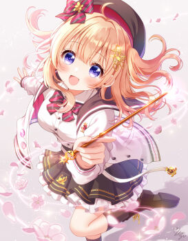Rule 34 | 1girl, ahoge, black bow, black bowtie, black hat, black shoes, black skirt, black socks, blue eyes, blush, bow, bowtie, breasts, commentary request, diagonal-striped bow, diagonal-striped bowtie, diagonal-striped clothes, foot out of frame, gochuumon wa usagi desu ka?, grey background, hair ornament, hat, hat bow, highres, holding, holding wand, hoto cocoa, jacket, kneehighs, layered skirt, looking at viewer, magic, medium breasts, mozukun43, open mouth, orange hair, pleated skirt, red bow, red bowtie, shoes, sidelocks, signature, simple background, skirt, smile, socks, solo, sparkle, standing, standing on one leg, striped bow, striped bowtie, striped clothes, two side up, wand, white jacket