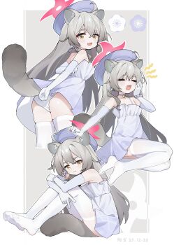 1girl absurdres animal_ears ass blue_archive commentary_request dress elbow_gloves gloves grey_hair halo hat highres long_hair michiru_(blue_archive) michiru_(dress)_(blue_archive) multiple_views official_alternate_costume panties raccoon_ears raccoon_girl raccoon_tail tail thighhighs underwear white_thighhighs yangge