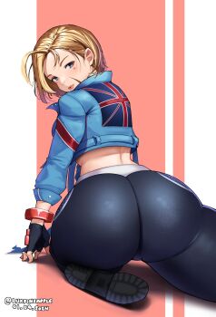 1girl ass ass_focus blonde_hair blue_eyes cammy_white crop_top cropped_jacket fingerless_gloves from_behind gloves highres huge_ass lips looking_back luxpineapple pants shoe_soles shoes short_hair street_fighter street_fighter_6 union_jack