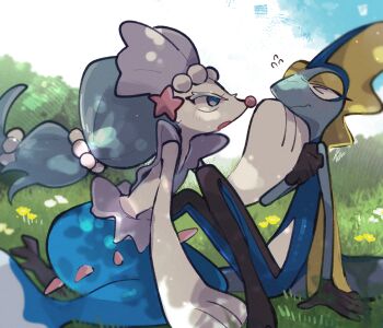 &gt;_&lt; 1boy 1girl :o bad_tag black_skin blue_eyes blue_hair blue_skin blush closed_mouth cloud cloudy_sky colored_eyelashes colored_skin fins full_body furry furry_female furry_male gem gen_7_pokemon gen_8_pokemon hair_ornament head_fins highres inteleon lizard_tail long_hair looking_at_another mermaid monster_girl multi-tied_hair nintendo on_grass open_mouth outdoors pearl_(gemstone) pearl_hair_ornament pokemon pokemon_(creature) primarina reptile_boy sea_lion sky snout sstoh starfish_hair_ornament tail
