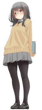 1girl arms_behind_back black_pantyhose black_shoes blush breasts brown_vest closed_mouth dot_mouth dot_nose double-parted_bangs full_body glasses grey_eyes hair_between_eyes highres holding holding_notebook loafers long_hair long_sleeves looking_to_the_side medium_breasts notebook original pantyhose retsumaru school_uniform shoes sidelocks simple_background sleeves_past_wrists solo sweater_vest thighs vest white_background