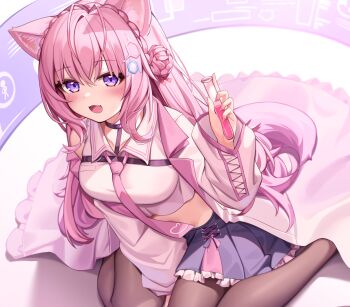 1girl :d animal_ears between_legs black_choker blush braid brown_pantyhose choker collared_shirt crop_top crown_braid deaver double_bun frilled_skirt frills hair_between_eyes hair_bun hair_ornament hakui_koyori hakui_koyori_(1st_costume) hand_between_legs highres holding holding_test_tube hololive lab_coat long_hair long_sleeves looking_at_viewer necktie open_mouth pantyhose pink_hair pink_necktie pleated_skirt purple_eyes shirt sitting skirt smile solo tail test_tube very_long_hair virtual_youtuber wariza white_shirt