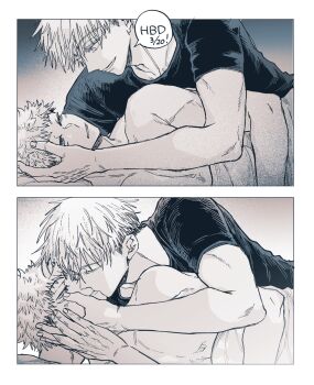 Rule 34 | 2boys, border, commentary request, french kiss, gojou satoru, happy birthday, highres, itadori yuuji, jujutsu kaisen, kiss, long sleeves, looking at another, lying, male focus, multiple boys, nay bb, nude, on bed, on side, short hair, speech bubble, undercut, upper body, waking another, waking up, white border, yaoi