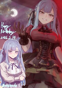Rule 34 | 1girl, absurdres, ascot, bang dream!, bang dream! it's mygo!!!!!, black ascot, black corset, black gloves, black ribbon, black skirt, blue gem, blue hair, breasts, closed mouth, commentary, corset, crescent moon, dated, gem, gloves, hair ribbon, hand up, happy birthday, highres, long hair, long sleeves, looking at viewer, medium breasts, moon, multiple views, oblivionis (bang dream!), open mouth, puffy short sleeves, puffy sleeves, ribbon, rushinada, shirt, short sleeves, sidelocks, skirt, starry moon, togawa sakiko, two side up, white shirt, yellow eyes