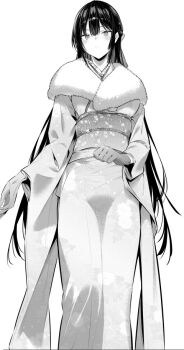 1girl black_hair bow closed_mouth commentary curled_fingers expressionless forehead fur gloves greyscale hair_between_eyes hair_bow hair_ornament hiiragi_yuuichi japanese_clothes kimono long_hair long_sleeves looking_at_viewer monochrome original shadow solo standing very_long_hair wide_sleeves