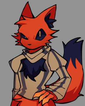 1girl bad_id bad_twitter_id black_sclera colored_sclera fox_girl furry furry_female grimms_notes icor_122 kung_fu_villain_(grimms_notes) looking_at_viewer solo sweater tail upper_body yellow_eyes yellow_sweater