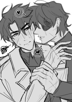 2boys absurdres areuwuu black_hair coat collared_shirt commentary english_commentary eyepatch greyscale grin heart highres holding_another&#039;s_wrist male_focus monochrome multiple_boys multiple_scars omniscient_reader&#039;s_viewpoint open_clothes open_coat scar scar_across_eye scar_on_face scar_on_hand secretive_plotter selfcest sexually_suggestive shirt short_hair smile spoken_heart yaoi yoo_joonghyuk yoo_joonghyuk_(999th_turn)