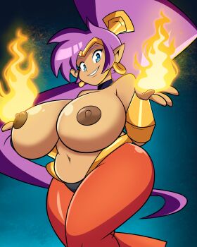 1girl absurdres blue_eyes breasts choker dark_skin dark-skinned_female earrings female_focus fire forearm_jewelry gold grimphantom highres huge_breasts jewelry long_hair midriff nipples purple_hair pyrokinesis shantae shantae_(series) solo