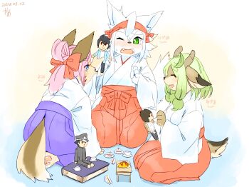 3girls blue_eyes deer doll closed_eyes furry green_eyes highres hyena kame_(3t) multiple_girls one_eye_closed open_mouth smile white_hair wolf