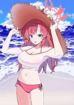 1girl absurdres alternate_costume beach bikini blue_archive commentary_request demon_horns fib._(fibfibdot) halo hands_on_headwear hat highres horns horns_through_headwear long_hair long_sleeves megu_(blue_archive) megu_(swimsuit)_(blue_archive) navel pointy_ears red_bikini red_hair red_halo red_horns straw_hat sun_hat swimsuit