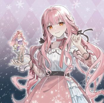 Rule 34 | 2girls, :3, argyle background, artist request, bare legs, belt, black belt, black bow, black eyes, black ribbon, blunt bangs, boots, bow, bow choker, bowtie, bra strap, bracelet, brown boots, brown eyes, buttons, center frills, chinese commentary, chinese text, choker, cloak, closed mouth, commentary request, commission, cowboy shot, dress, dual persona, ear covers, eyelashes, frilled shirt, frilled skirt, frilled sleeves, frills, gradient background, hair bow, hair intakes, hair ribbon, hands on lap, head wreath, holding statue, hood, hood up, hooded cloak, infinity nikki, jewelry, layered skirt, light blush, long hair, long sidelocks, low twintails, medium dress, mini person, minigirl, momo (nikki), multiple girls, nikki (nikki), nikki (series), nikki up2u2: world traveller, off-shoulder shirt, off shoulder, open mouth, orange bow, orange bowtie, outline, perfect start (infinity nikki), pink bow, pink bowtie, pink choker, pink hair, pink skirt, purple background, purple dress, ribbon, second-party source, shirt, short sleeves, sidelocks, single stripe, size difference, skirt, smile, snowflakes, snowing, solid eyes, spring waltz (nikki), square neckline, star (symbol), star print, striped bow, striped bowtie, striped choker, striped clothes, tareme, translation request, tress ribbon, twintails, very long hair, whiskers, white outline, white shirt, white skirt, yellow cloak