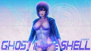 1girl abkc94 black_jacket copyright_name cyberpunk faux_retro_artstyle ghost_in_the_shell ghost_in_the_shell:_stand_alone_complex highres impasto jacket kusanagi_motoko leotard looking_to_the_side medium_hair purple_hair solo strapless strapless_leotard white_leotard