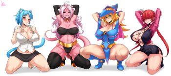 4girls absurdres alternate_breast_size android_21 animal_ears armpits arms_behind_head arms_up artist_name bare_shoulders barefoot belly_chain black_choker black_footwear black_gloves black_panties black_sclera black_skirt black_thighhighs black_tube_top blonde_hair blue_footwear blue_hair blue_tail blush blush_stickers boots breasts cameltoe cat_ears cat_tail choker cleavage collarbone colored_sclera colored_skin covered_erect_nipples covered_navel cropped_jacket crossover dark_magician_girl dragon_ball dragon_ball_fighterz dress duel_monster elbow_gloves facial_mark full_body fur_trim gloves gold_choker green_eyes grey_background grin hair_over_eyes hand_on_own_chest hat high_heel_boots high_heels highres huge_breasts humanization jacket jewelry jmg kneeling lace-up large_breasts long_hair looking_at_viewer majin_android_21 mature_female messy_hair microdress mixed-language_commentary multiple_crossover multiple_girls navel nicole_watterson nipples no_bra panties pantyshot pentagram pink_jacket pink_skin plunging_neckline polo_shirt popped_collar red_eyes red_hair revealing_clothes shermie_(kof) short_hair side_slit skirt smile split_ponytail spread_legs squatting strapless swimsuit tail teeth the_amazing_world_of_gumball the_king_of_fighters the_king_of_fighters_xv thick_thighs thigh_boots thighhighs thighs tube_top underwear whisker_markings white_background white_hair wide_hips wizard_hat yu-gi-oh!