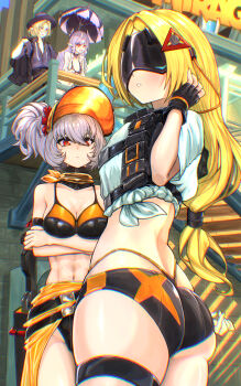 1boy 2days_wotori 3girls abs absurdres arms_under_breasts ass back bikini bikini_bottom_only bikini_under_clothes blindfold_mask blonde_hair breasts choker chromatic_aberration closed_mouth covered_eyes crossed_arms day expressionless eye_mask fedora fingerless_gloves gloves grey_hair groin hair_between_eyes hair_ornament half_gloves hat heart heart-shaped_pupils highres holding holding_sword holding_unworn_clothes holding_weapon hugo_vlad jacket large_breasts leaning_forward light_blush long_hair long_sleeves looking_at_viewer looking_back low-tied_long_hair mask multiple_girls navel necktie open_clothes open_mouth open_shirt outdoors pants parasol parted_lips pointy_ears purple_hair raised_inner_eyebrows red_eyes scabbard sheath sheathed shirt short_hair short_sleeves side_ponytail skindentation smile soldier_11_(zenless_zone_zero) stomach swimsuit sword symbol-shaped_pupils tied_shirt toned toned_female trigger_(zenless_zone_zero) twisted_torso umbrella underbutt undone_necktie unworn_jacket utility_vest very_long_hair vest vivian_banshee weapon zenless_zone_zero