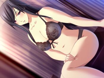 1girl bare_arms bare_legs bare_shoulders black_bra black_hair black_panties bra breasts cleavage dutch_angle game_cg indoors katsura_rinne kindan_no_byoutou large_breasts long_hair looking_at_viewer m&amp;m_(mickey_and_mackey) panties purple_eyes sitting thighs underwear