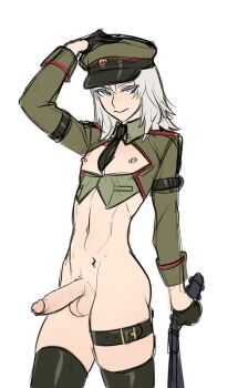 adjusting_clothes adjusting_headwear androgynous black_gloves black_necktie black_thighhighs blue_eyes cleavage_cutout clothing_cutout cowboy_shot erection gloves hat highres holding holding_whip ivan_raidenovitch_raikov medium_hair metal_gear_(series) metal_gear_solid military_hat mokotoko9 navel necktie nipple_piercing nipples penis penis_piercing piercing short_necktie simple_background soviet thighhighs white_background white_hair
