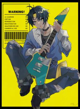 1boy a_saba_xa asaba_harumasa barcode black_hair black_shirt black_shoes blue_sweater collar denim electric_guitar guitar head_tilt headband holding holding_guitar holding_instrument instrument jeans jewelry looking_to_the_side necklace open_mouth pants pants_rolled_up shirt shoes short_hair sitting solo spiked_collar spikes spread_legs sweater torn_clothes torn_jeans torn_pants white_shirt yellow_background yellow_eyes yellow_headband zenless_zone_zero