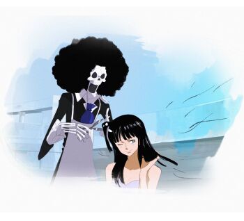1boy 1girl afro apron ascot black_hair black_jacket blue_ascot blue_eyes blunt_bangs blush brook_(one_piece) commentary cutting_another&#039;s_hair cutting_hair highres jacket long_hair nico_robin one_eye_closed one_piece outdoors skeleton smile startboii symbol-only_commentary white_apron