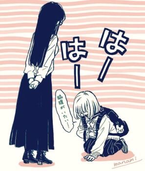 2girls animal_charm arms_behind_back artist_name backpack bag bag_charm bear_charm bob_cut boots breasts cardigan charm_(object) commentary_request greyscale head_down high_heel_boots high_heels himawari-san himawari-san_(character) kazamatsuri_matsuri kneeling long_hair long_skirt long_sleeves looking_down monochrome multiple_girls neckerchief own_hands_together pleated_skirt sailor_collar school_bag school_uniform serafuku shirt shoes short_hair signature skirt sound_effects speech_bubble standing sugano_manami translation_request