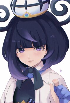 1girl bad_id bad_twitter_id black_bow black_bowtie black_hair black_shirt blunt_bangs bow bowtie commentary_request gloves gwynn_(pokemon) hand_up hat heart jacket looking_at_viewer nakikot_t nintendo open_clothes open_jacket open_mouth partially_fingerless_gloves pokemon pokemon_legends:_z-a purple_eyes shirt simple_background solo upper_body white_background white_jacket