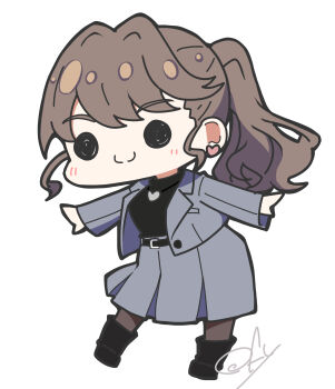 1girl absurdres black_boots black_pantyhose black_sweater boots brown_hair c: chibi chibi_only closed_mouth commentary_request fujishima_megumi fujishima_megumi_(post-graduation) grey_jacket grey_skirt heart heart_necklace highres jacket jewelry link!_like!_love_live! long_hair long_sleeves love_live! medium_skirt necklace official_alternate_costume oofushi_ao open_clothes open_jacket outstretched_arms pantyhose pleated_skirt signature simple_background skirt smile solid_circle_eyes solo split_mouth spread_arms suit_jacket sweater turtleneck turtleneck_sweater virtual_youtuber white_background