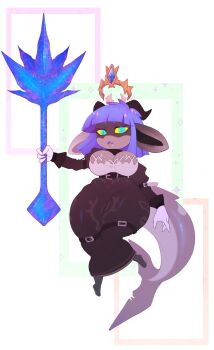 1girl absurdres atlyss barefoot belt black_belt black_dress black_horns black_skin blue_eyes blue_gemstone blue_hair blue_tongue breasts cleavage cleavage_cutout clothing_cutout colored_skin colored_tongue commentary crown diamond_(shape) dress english_commentary fang fang_out fins fish_tail floating floating_crown frown full_body galaxiabunny gem gloves glowing glowing_eyes grey_skin highres holding holding_scepter horns imp_(atlyss) large_breasts monster_girl multicolored_skin pear-shaped_figure player_character_(atlyss) scepter shark_tail shortstack solo square tail thick_thighs thighs very_long_ears white_gloves yellow_eyes