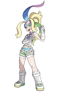 1girl absurdres artist_request bandolier belt bike_shorts blonde_hair blue_eyes blue_hair clenched_hand crop_top cross-laced_shoes female_focus fingerless_gloves full_body gloves gradient_hair green_hair green_shorts hair_between_eyes hairband hands_up happy highres korrina_(pokemon) looking_at_viewer mega_stone multicolored_hair multicolored_hairband nintendo official_art open_mouth outline pokemon pokemon_legends:_z-a purple_hair purple_shirt shin_guards shirt shoes short_shorts shorts simple_background sleeveless sleeveless_shirt smile solo sportswear standing teeth transparent_background v-shaped_eyebrows white_bike_shorts white_gloves white_outline white_shoes white_trim zipper_pull_tab