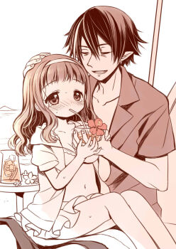 1boy 1girl bendy_straw bikini bikini_under_clothes black_hair blush breasts brown_eyes brown_hair brown_shoes chair cleavage closed_eyes collarbone collared_shirt commentary_request cup day drinking drinking_glass drinking_straw feet_out_of_frame flower hand_on_another&#039;s_head higanbana_no_saku_yoru_ni highres holding holding_cup hood hood_down hooded_jacket ice ice_cube jacket koucha_shinshi kusunoki_midori lounge_chair medium_breasts navel nose_blush on_chair open_clothes open_jacket outdoors pointy_ears red_flower sakurazawa_izumi shirt shoes sitting sitting_on_lap sitting_on_person smile sweat swimsuit water