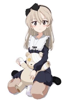 1girl blonde_hair blush boko_(girls_und_panzer) brown_eyes closed_mouth collarbone eyeshadow fishnet_pantyhose fishnets full_body girls_und_panzer gothic_lolita hairband holding holding_stuffed_toy kayabakoro lipstick lolita_fashion long_hair looking_at_viewer makeup pantyhose shimada_arisu simple_background solo stuffed_animal stuffed_toy white_background