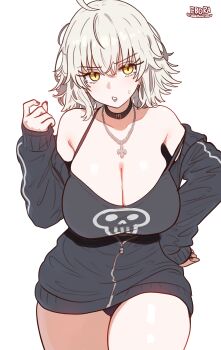 1girl absurdres ahoge alternate_costume artist_logo bad_link bare_shoulders black_choker black_jacket black_nails black_tank_top breasts choker cleavage cross cross_necklace ebora fate/grand_order fate_(series) grey_hair highres jacket jeanne_d'arc_alter_(fate) jewelry large_breasts logo looking_at_viewer medium_hair necklace off_shoulder partially_unzipped skull_print sleeves_past_wrists solo strap_slip tank_top yellow_eyes