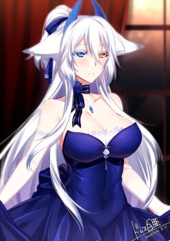 Rule 34 | 1girl, animal ears, bare shoulders, blue dress, blue eyes, blush, breasts, cleavage, dated, dragon horns, dress, elbow gloves, female focus, fox ears, gem, gloves, hair ribbon, heterochromia, horns, konshin, large breasts, long hair, looking at viewer, neck ribbon, orange eyes, orie hakua, pixiv fantasia, pixiv fantasia new world, ribbon, smile, solo, tail, very long hair, white hair