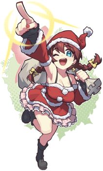 1girl :d armpits bare_shoulders black_boots black_gloves blue_eyes body_freckles boots bow braid breast_freckles breasts cleavage commentary_request detached_sleeves dress earrings emma_verde fingerless_gloves fingernails freckles frilled_dress frills full_body gloves hair_bow hat holding holding_sack jewelry large_breasts long_sleeves love_live! love_live!_nijigasaki_high_school_idol_club nail_polish one_eye_closed open_mouth pointing pointing_up red_hair red_nails sack sack_behind_back santa_costume santa_dress santa_hat shoulder_freckles sleeveless sleeveless_dress smile solo star_(symbol) star_earrings tongue transparent_background twin_braids twintails waste-man yellow_bow