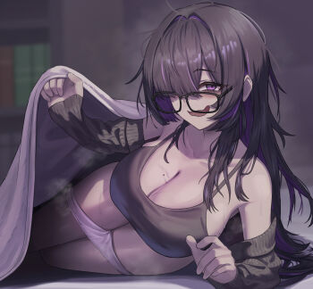 1girl absurdres ars_rg0412 bags_under_eyes bare_shoulders bed_invitation black-framed_eyewear black_arm_warmers black_camisole black_hair bookshelf breasts camisole cleavage collarbone colored_inner_hair commentary commentary_request english_commentary glasses goddess_of_victory:_nikke hair_intakes hair_over_one_eye highres huge_breasts indoors label_(nikke) lifting_covers long_hair looking_at_viewer looking_over_eyewear low_neckline lying messy_hair mixed-language_commentary mole mole_on_breast multicolored_hair multiple_moles off_shoulder on_bed on_side pale_skin panties panty_pull parted_bangs purple_eyes purple_hair purple_streaks smile smirk solo steaming_body sweat two-tone_hair under_covers underwear variant_set very_long_hair white_panties